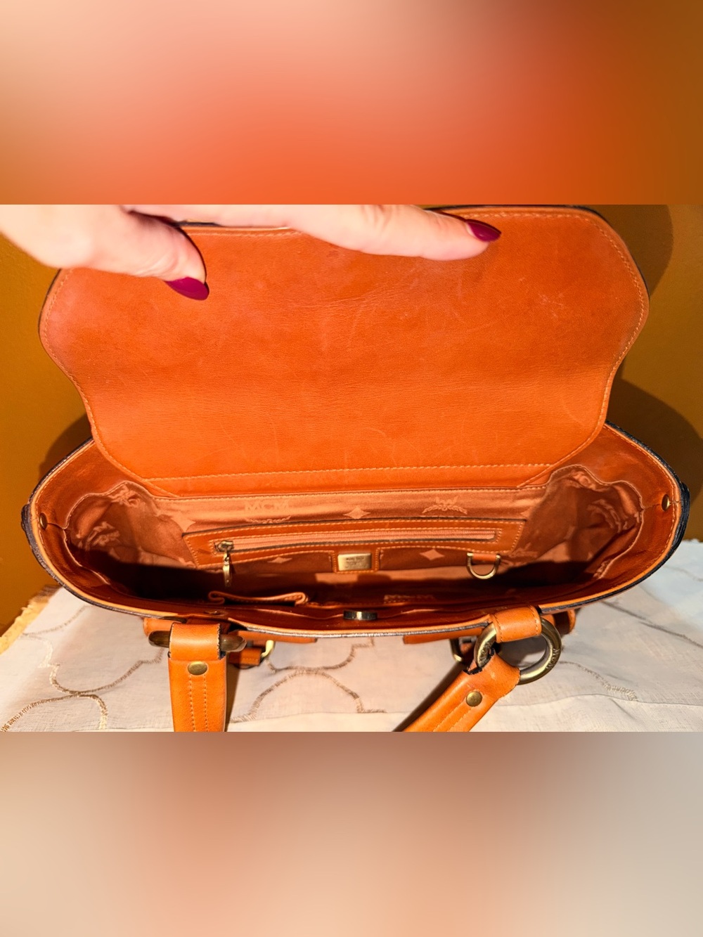 MCM Cognac Visetos Double Pocket Satchel Bag - Picture 7 of 9